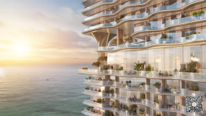Modern waterfront residential tower with wave-inspired balconies overlooking the Arabian Gulf at sunset.