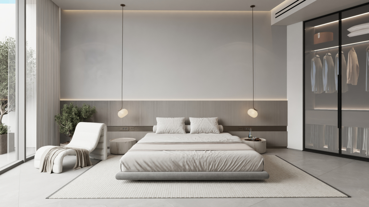 غرفة نوم رئيسية بتصميم هادئ وألوان محايدة ونوافذ كبيرة — Minimalist master bedroom with soft tones and floor-to-ceiling windows.