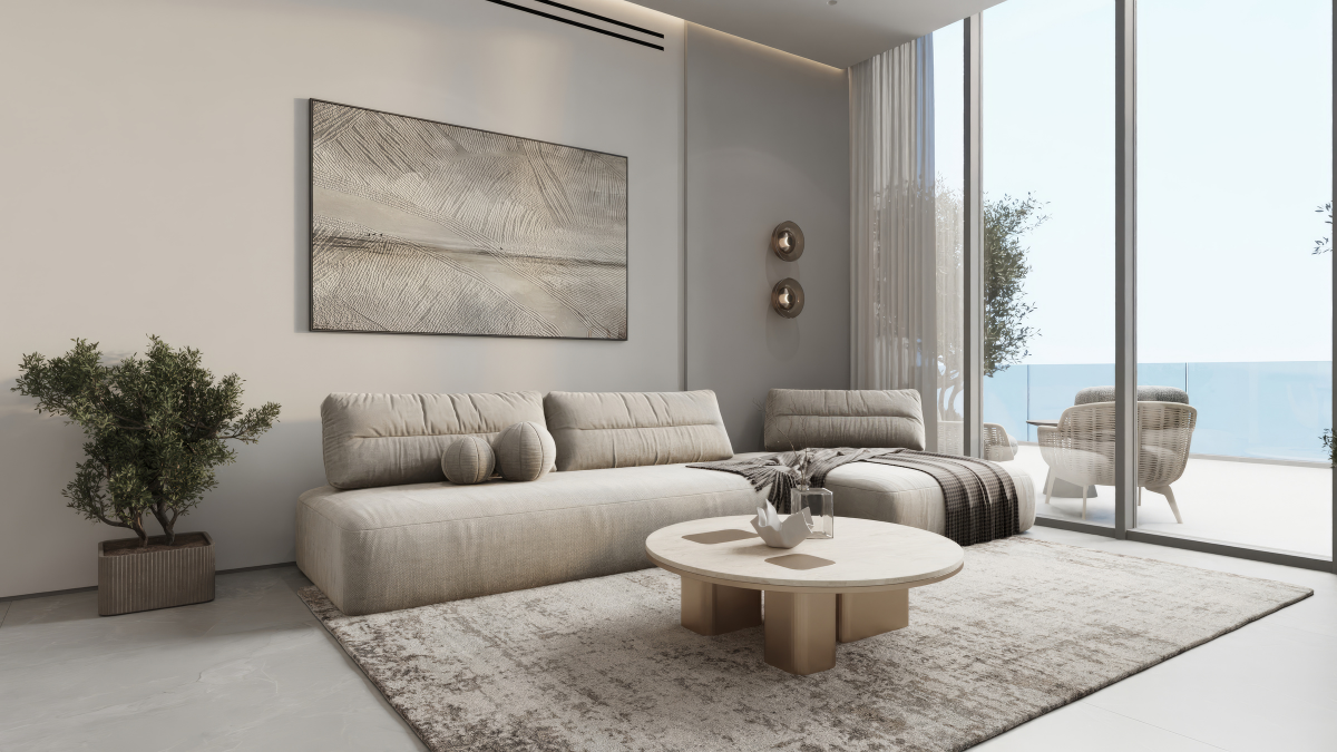 غرفة معيشة فاخرة بإطلالة على الشرفة وتجهيزات عصرية — Luxury living room with balcony view and modern furnishings.