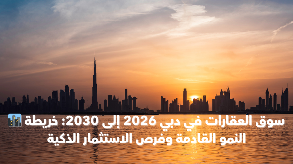 مشهد بانورامي لأفق دبي يوضح اتجاهات سوق العقارات في دبي 2026 إلى 2030 مع نمو المشاريع السكنية الفاخرة والفلل الذكية والاستثمار العقاري المستقبلي.