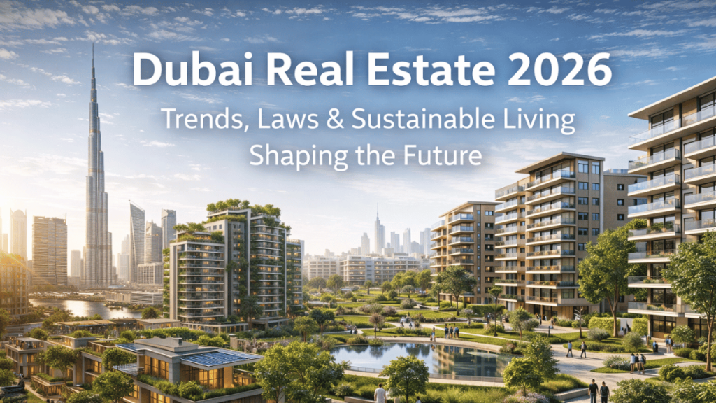 Dubai real estate 2026 showcasing sustainable residential communities, green buildings, smart homes, and the Burj Khalifa skyline representing the future of property investment in Dubai.