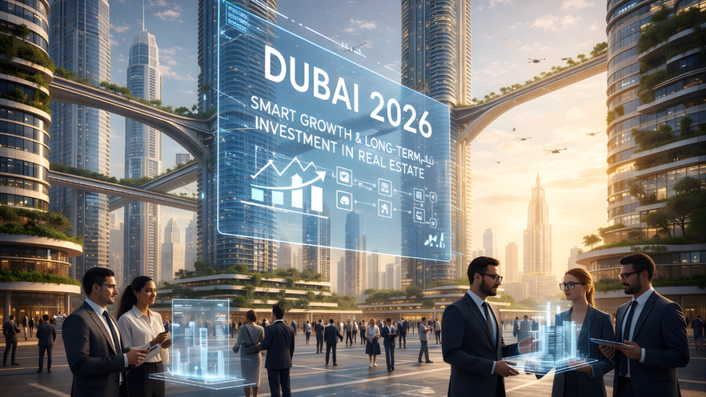 مشهد مستقبلي لسوق العقارات في دبي 2026 يظهر أبراج دبي الحديثة ومشاريع سكنية فاخرة على الواجهة المائية مع مؤشرات نمو الاستثمار العقاري والاستدامة.
