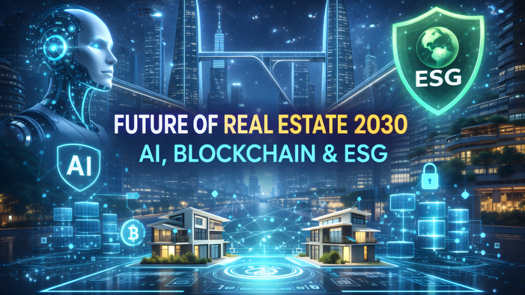 Future of Real Estate 2030 showing AI, blockchain, and ESG-driven smart property investment
