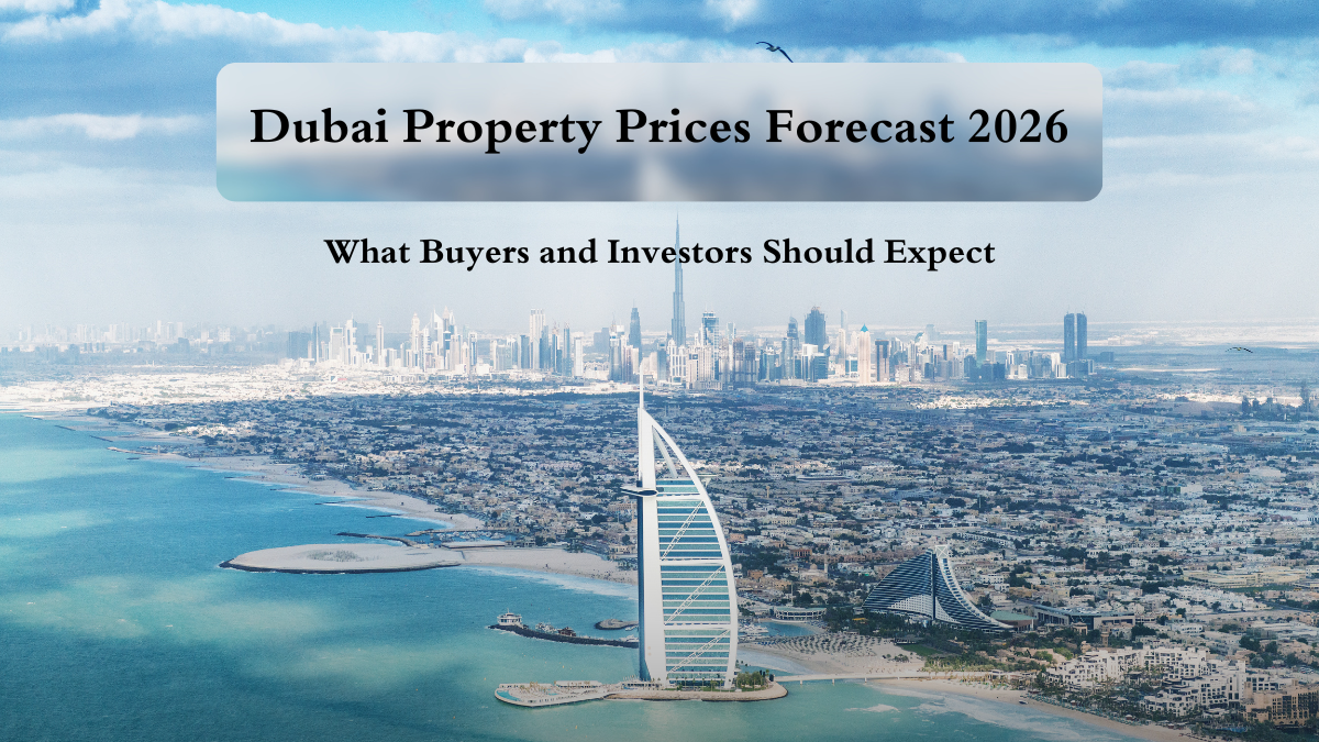 Dubai property prices forecast 2026 showing upward market growth, investment opportunities, skyline with Burj Khalifa, rising graph, real estate planning tools, and approved investment concept.