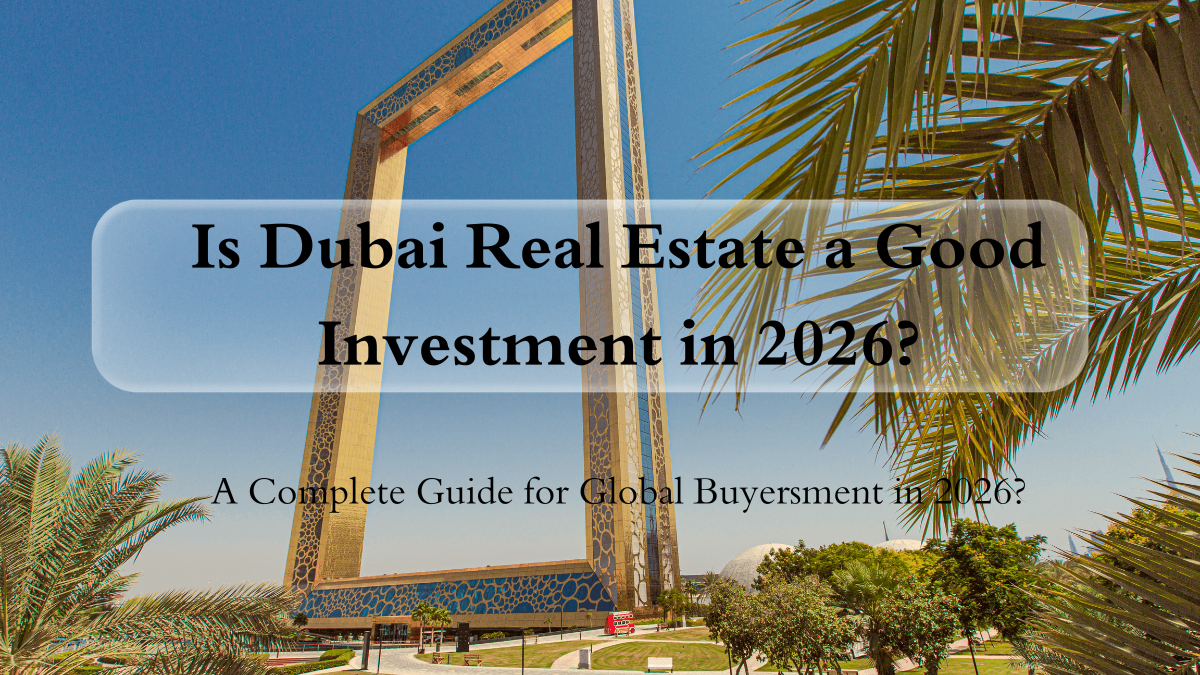 Dubai real estate 2026 investment outlook showing Dubai skyline, luxury property model, and growth indicators for global investors.