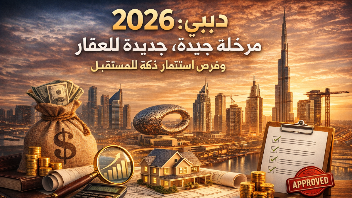مشهد استثماري حديث يوضح مستقبل سوق العقارات في دبي 2026 مع برج خليفة ومؤشرات النمو العقاري والاستثمار الذكي.
