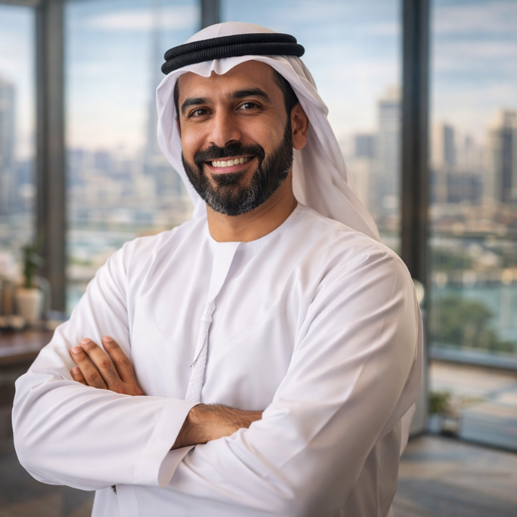رجل أعمال عربي إماراتي يرتدي الزي التقليدي ويقف بثقة داخل مكتب حديث مع إطلالة على مدينة دبي